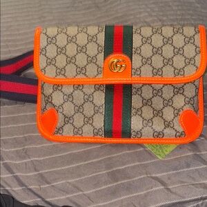 Gucci Beige and Orange Crossbody Bag with Green and Red Stripe